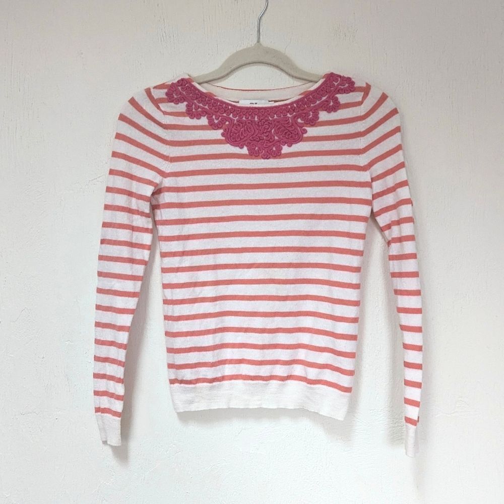 Vineyard Vines Sweater Knit  XS  Merino Wool Lace applique Ivory Coral Stripes